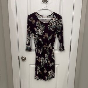 French Grey Long Sleeve Floral Dress in Purple and White